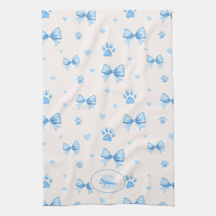 Blauw Lint, Hart & Poot Print Patroon op Wit Theedoek