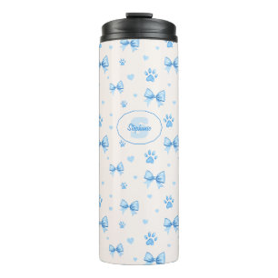 Blauw Lint, Hart & Poot Print Patroon op Wit Thermosbeker