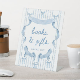 Blauw lint jongens baby shower boeken en geschenke reclamebord met voetstuk