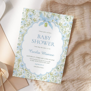 Blauw lint jongens babyshower met vintage bloemen kaart