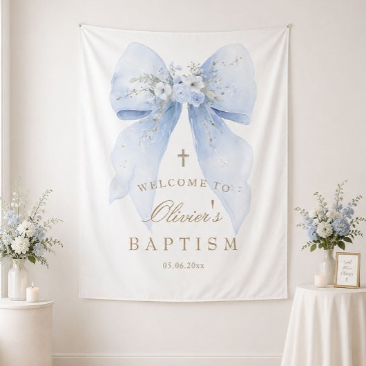Blauw lint jongens doop achtergrond wandkleed