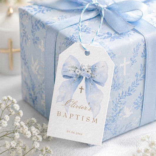 Blauw lint jongens doop cadeau tag cadeaulabel