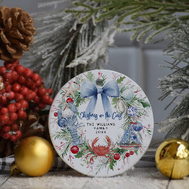Blauw lint Kerst Foto op Kustthema Keramisch Ornament