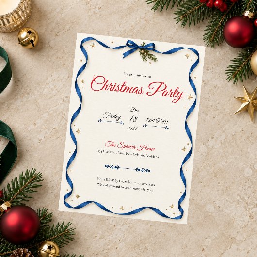 Blauw lint kerstfeest uitnodiging