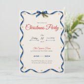 Blauw lint kerstfeest uitnodiging (Staand voorkant)