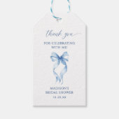 Blauw lint knoopt de knoop bruidsfeest bedankt cadeaulabel (Voorkant)