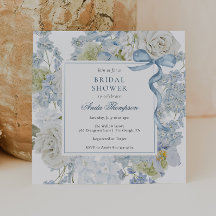 Blauw lint met bloemen bruidsdouche uitnodiging