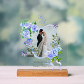 Blauw lint met roos monogram foto bruiloft acryl bord (Neutraal)