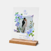 Blauw lint met roos monogram foto bruiloft acryl bord (Hoek)