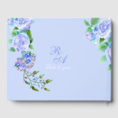 Blauw lint met rozen monogram bruiloft gastenboek (Achterkant)
