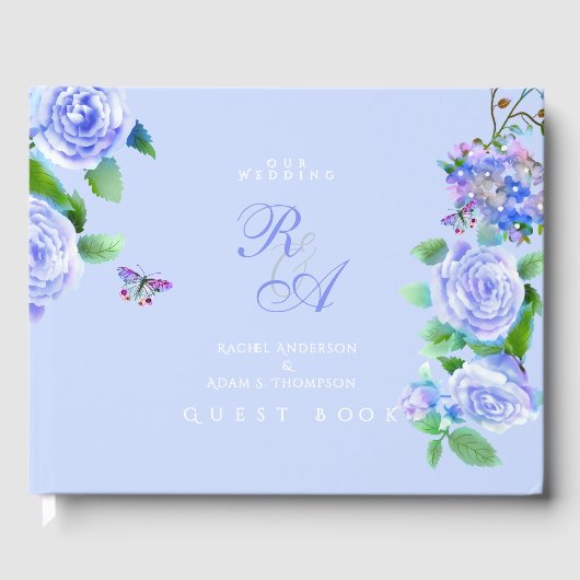 Blauw lint met rozen monogram bruiloft gastenboek (Voorkant)