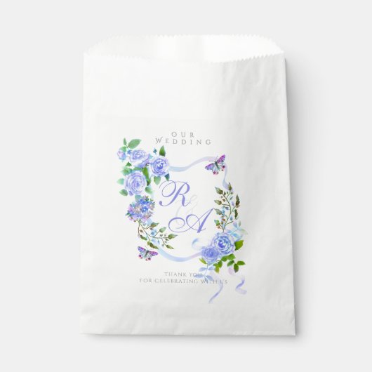Blauw lint monogram bruiloft bedankzakje (Voorkant)