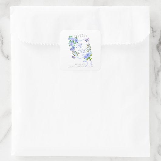 Blauw lint monogram bruiloft vierkante sticker (Tas)