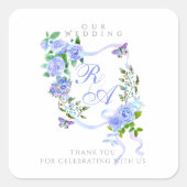 Blauw lint monogram bruiloft vierkante sticker (Voorkant)