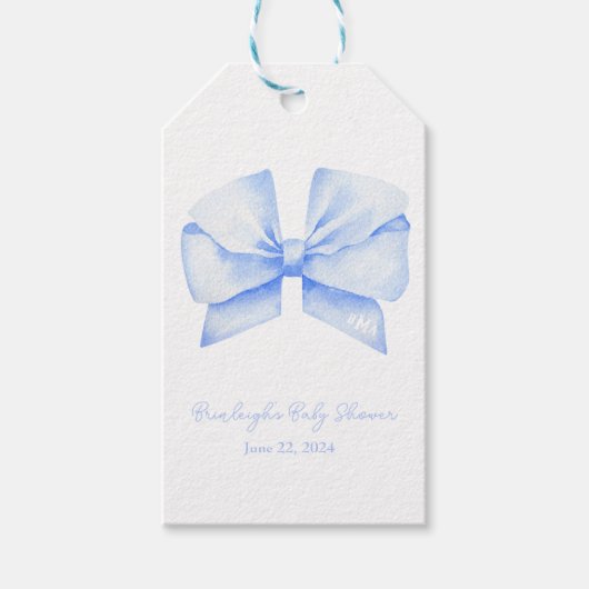 Blauw lint Monogram Coquette gepersonaliseerd Cadeaulabel (Voorkant)