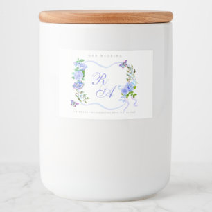 Blauw lint Monogram Huwelijk Voedselcontainer Etiket