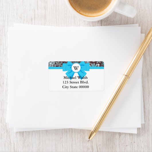 Blauw lint monogram met patroon etiket (Insitu)