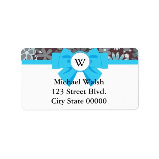 Blauw lint monogram met patroon etiket (Voorkant)