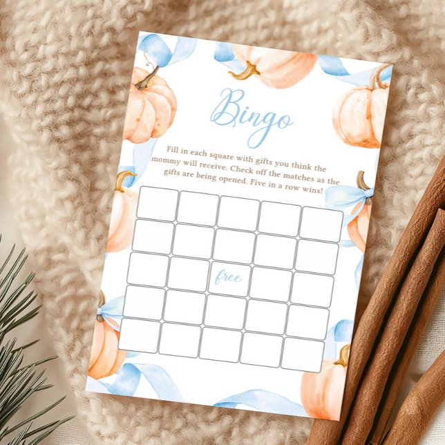 Blauw lint pompoen baby shower bingo spel (Boy Bow Pumpkin Baby Shower Bingo Game)