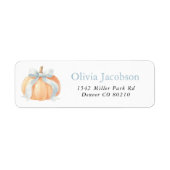 Blauw lint pompoen babyshower retouradres etiket (Voorkant)