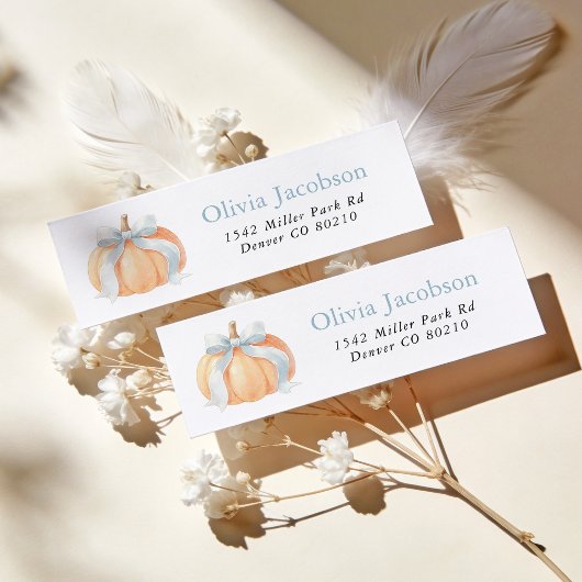 Blauw lint pompoen babyshower retouradres etiket