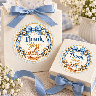Blauw lint schommelpaard bedank sticker
