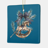 Blauw lint Schommelpaard Kerst Keramisch Ornament (Links)