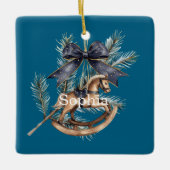 Blauw lint Schommelpaard Kerst Keramisch Ornament (Voorkant)