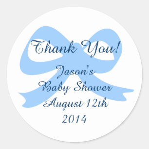 Blauw lint strik bedankt stickers voor babyshower