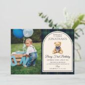 Blauw lint teddybeer tartan foto verjaardag kaart (Staand voorkant)