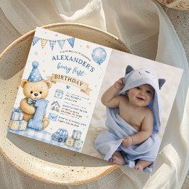 Blauw lint teddybeer tartan verjaardagsfoto kaart