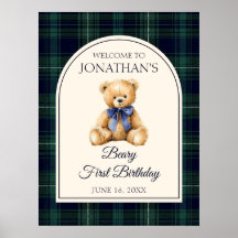 Blauw lint teddybeer verjaardags welkomstbord