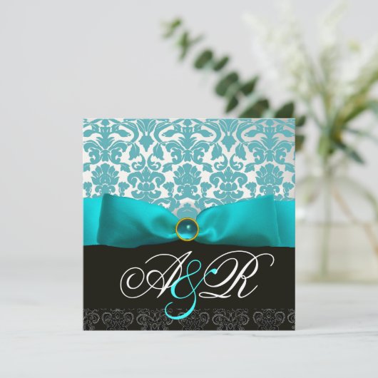 BLAUW LINT TURQUOISE WIT ZWART DAMAST MONOGRAM KAART (Staand voorkant)