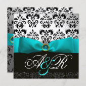 BLAUW LINT TURQUOISE WIT ZWART DAMAST MONOGRAM KAART (Voorkant / Achterkant)