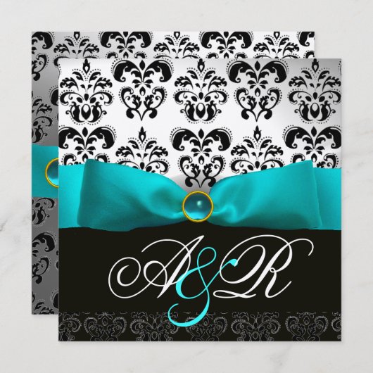 BLAUW LINT TURQUOISE WIT ZWART DAMAST MONOGRAM KAART (Voorkant / Achterkant)