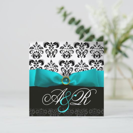 BLAUW LINT TURQUOISE WIT ZWART DAMAST MONOGRAM KAART (Staand voorkant)