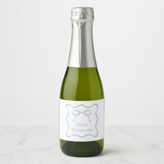 Blauw lint vrijgezellenfeest champagne sparkling wijnetiket (Voorkant)