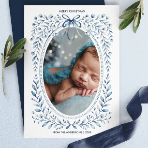 Blauw lint waterverf bloem ovaal foto Kerstmis Feestdagenkaart