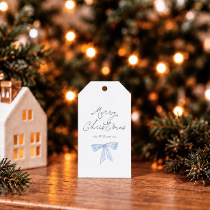 Blauw lint waterverf Kerstmis Cadeaulabel