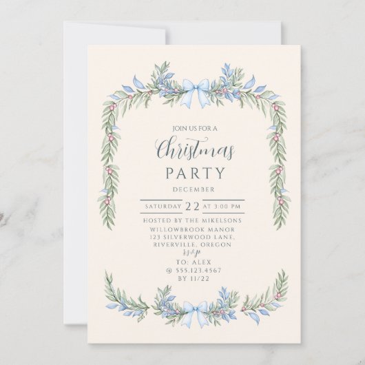 Blauw lint Winter Botanische Kerstmis Kaart (Voorkant)