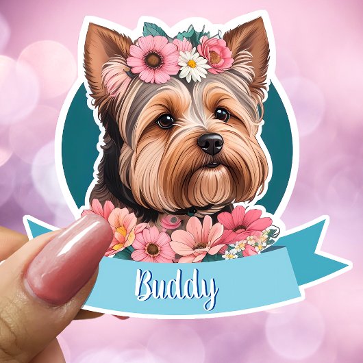 Blauw lint, Yorkshire & roze bloemen op maat Sticker