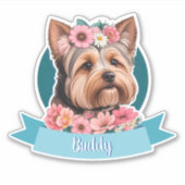 Blauw lint, Yorkshire & roze bloemen op maat Sticker (Voorkant)