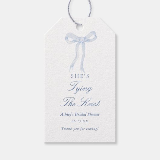 Blauw lint ze knoopt de knoop bruids douche cadeaulabel (Voorkant)