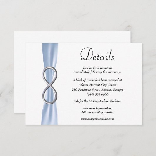 Blauw Lint Zilver Infinity Bruiloft Details Informatiekaartje (Voorkant / Achterkant)