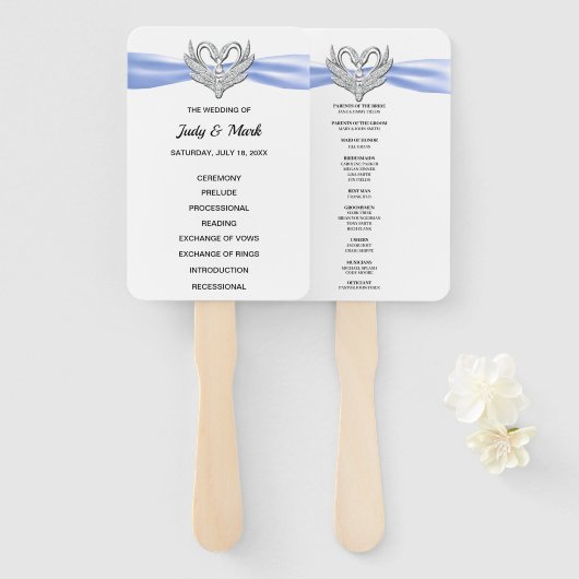 Blauw lint Zilveren Zwaan Trouwprogramma Fans Handwaaier (Voorkant en achterkant)