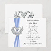 Blauw Lint Zilveren Zwanen Bruids Douche Uitnodigi Kaart (Voorkant / Achterkant)