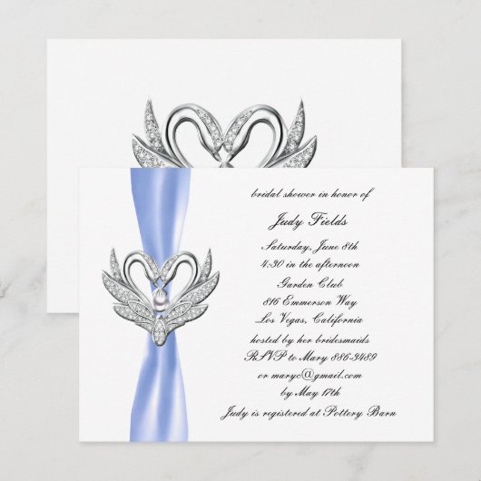 Blauw Lint Zilveren Zwanen Bruids Douche Uitnodigi Kaart (Voorkant / Achterkant)