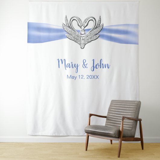 Blauw lint Zilveren Zwanen Huwelijk Achtergrond Wandkleed (In situ)