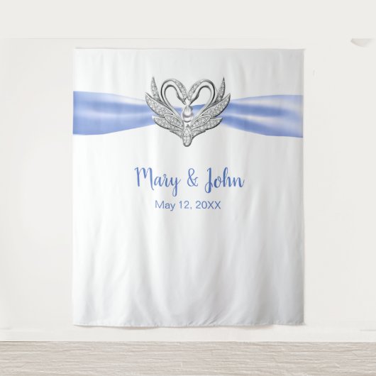 Blauw lint Zilveren Zwanen Huwelijk Achtergrond Wandkleed (Voorkant)