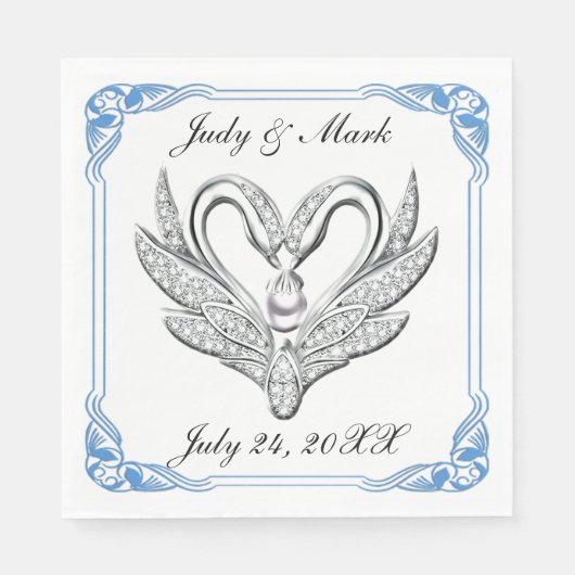 Blauw lint zilveren zwanen papieren servetten (Voorkant)